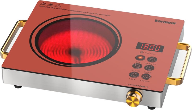 Karinear Portable Electric Stove 110V, 1800W Electric Hot Plate with Handle, Knob Control Single Burner Electri Cooktop, Ceramic Infrared Countertop Burner, Timer, Safety Lock(Pink) - Image 1